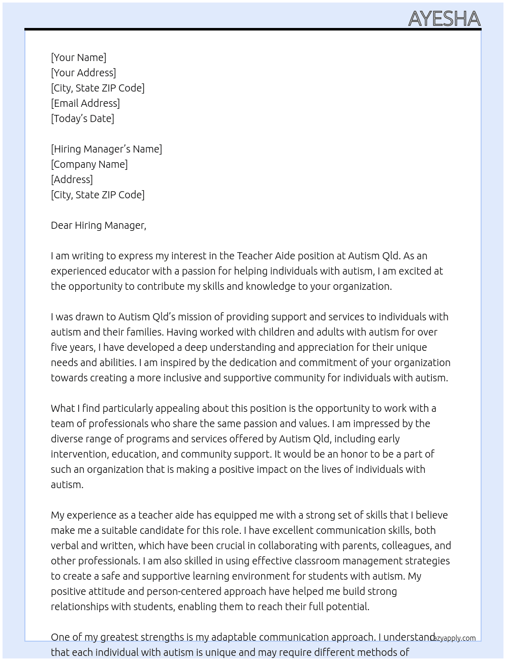 Teacher aide At Autism Qld Cover Letter