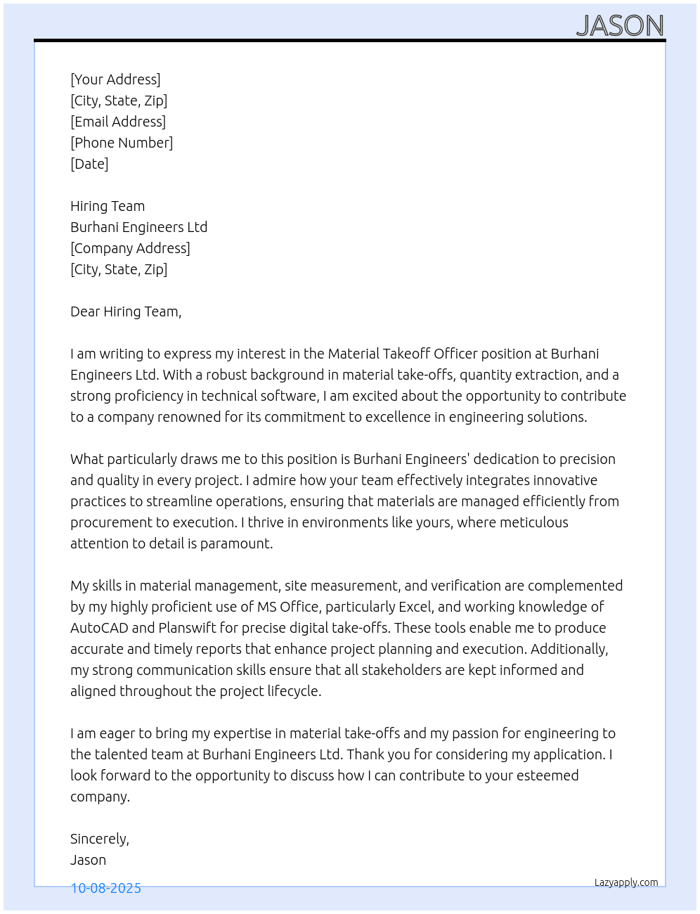 Cover letter for material takeoff officer - LazyApply