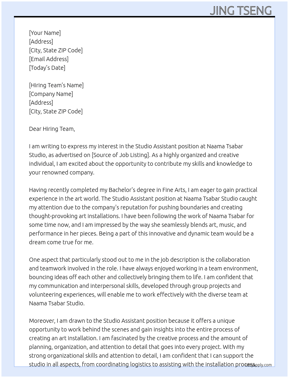 Studio Assistant At Naama Tsabar Studio Cover Letter