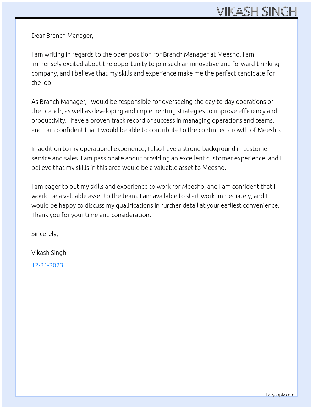 Branch manager  At Meesho Cover Letter