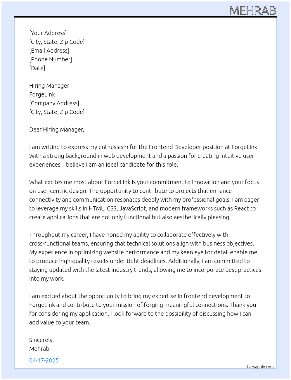 Frontend Developer At ForgeLink Cover Letter