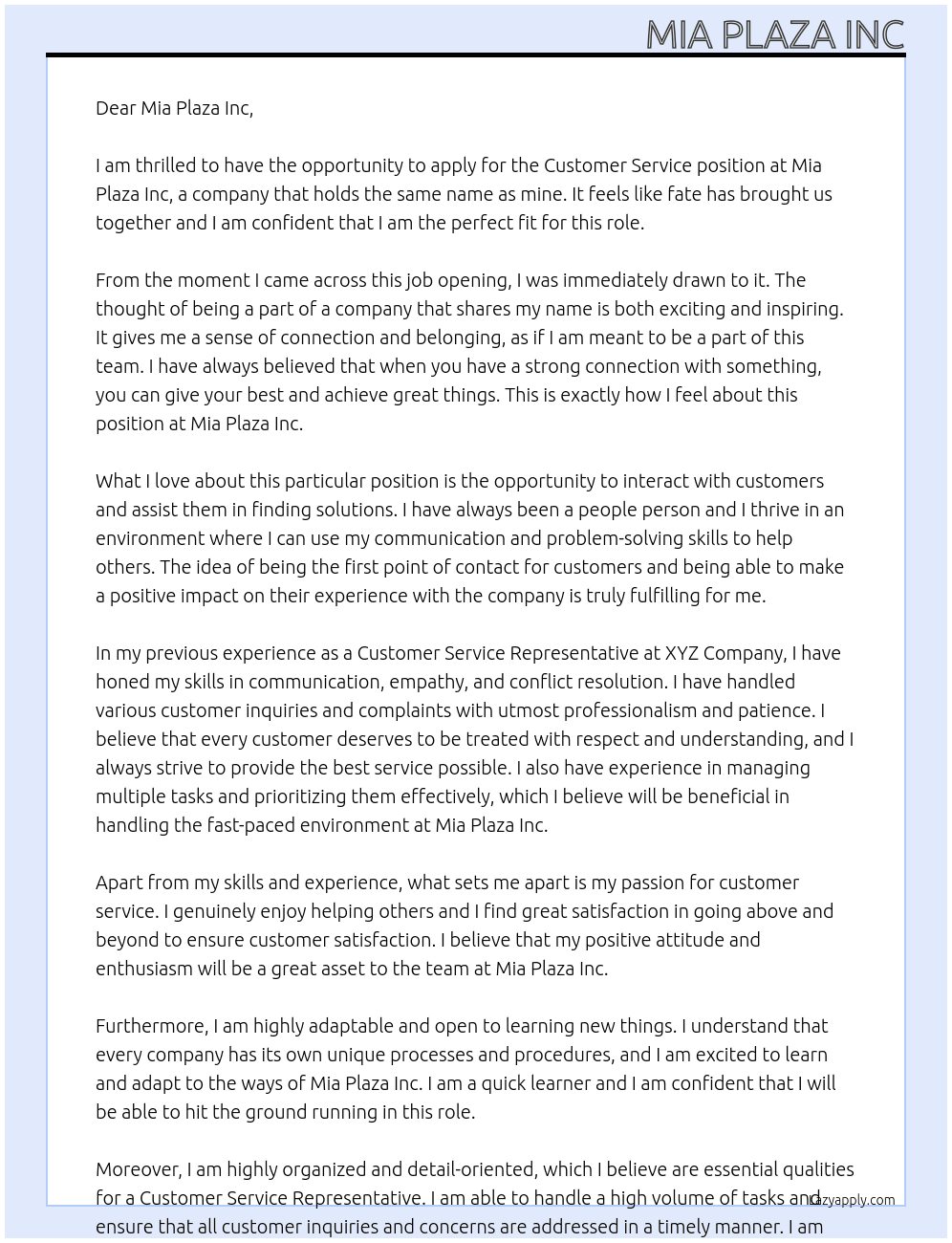 Customer Service  At Mia Plaza Inc Cover Letter