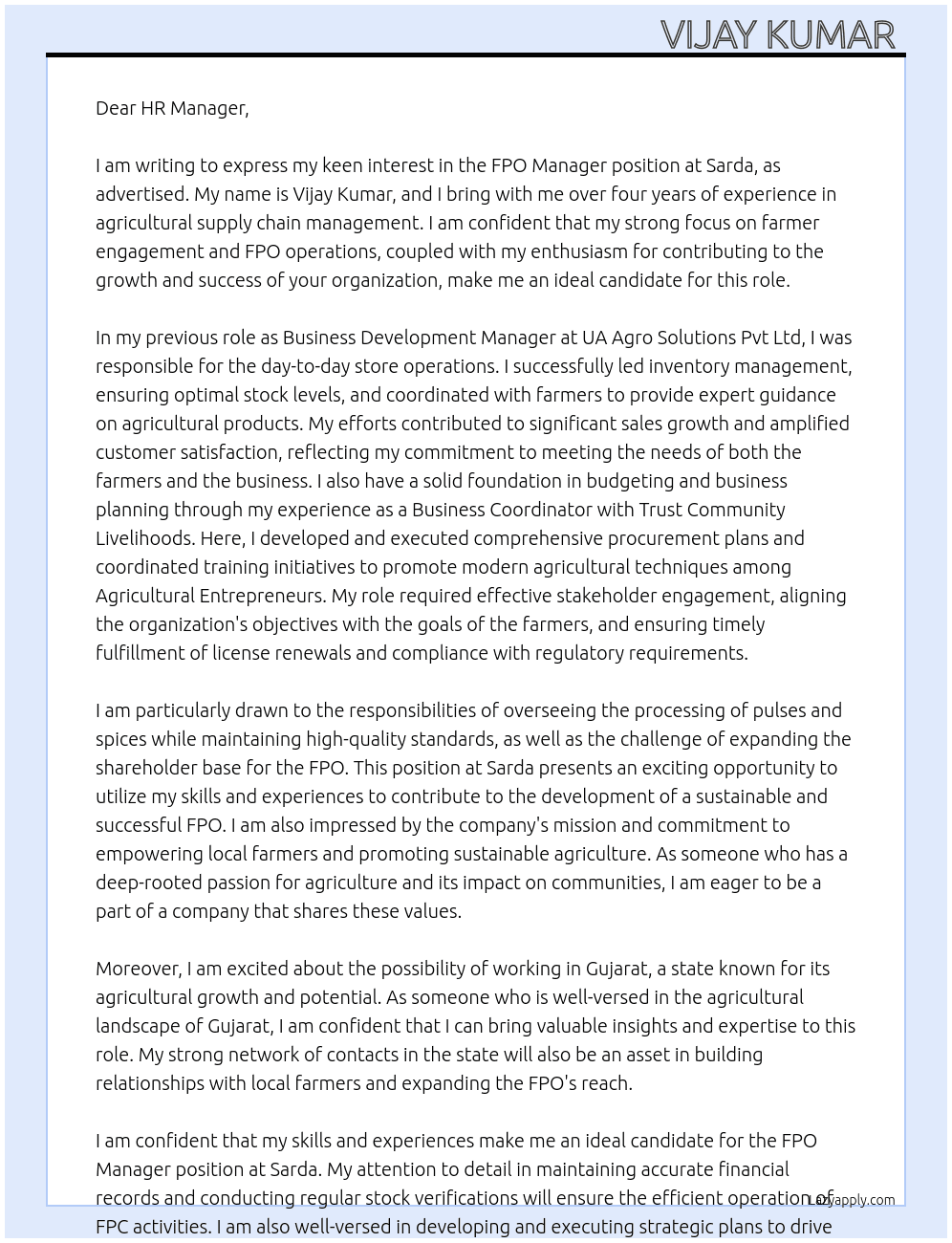 FPO Manager  At Sarda Cover Letter