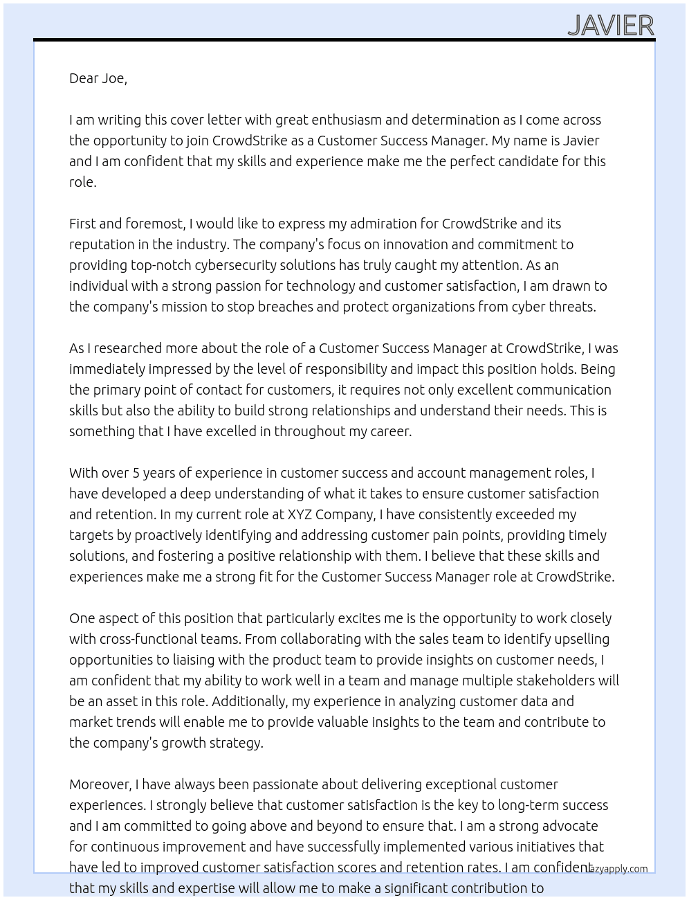 Customer Success Manager At CrowdStrike Cover Letter