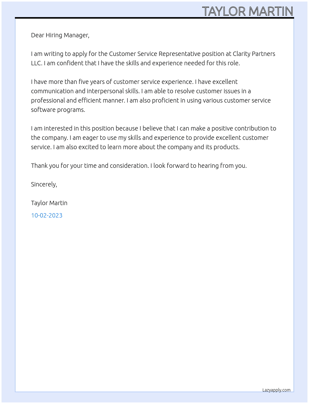 Customer Service Representative At Clarity Partners LLC  Cover Letter