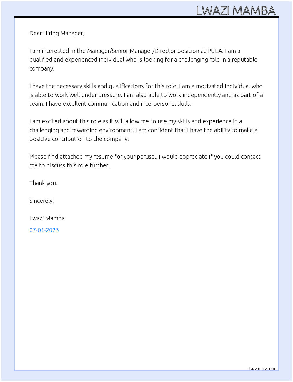 Manager/Senior Manager/Director At PULA Cover Letter