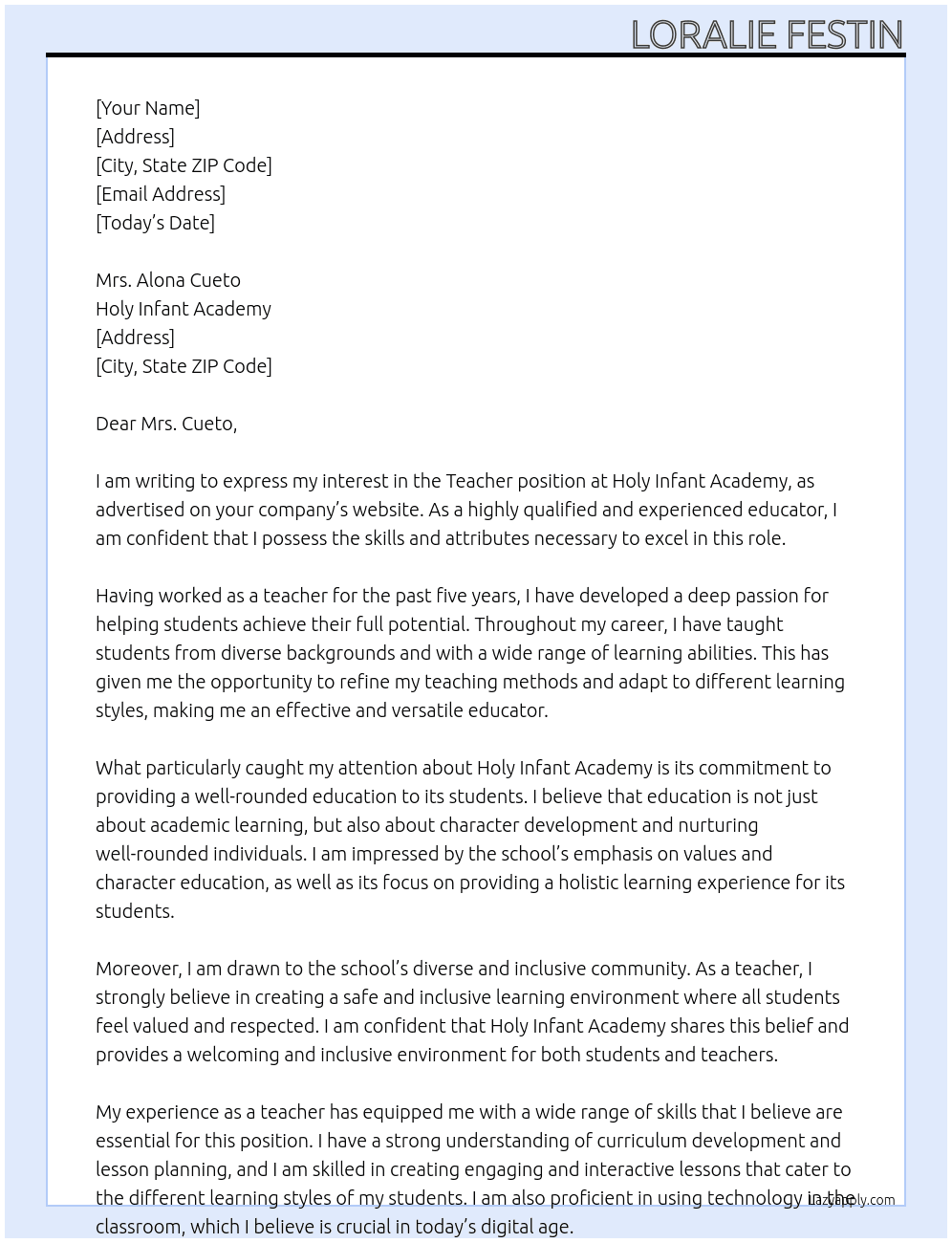 Teacher At Holy Infant Academy Cover Letter