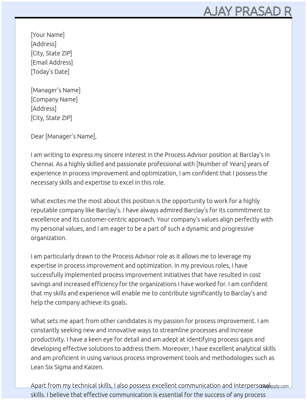 Process Advisor At Barclay's  Cover Letter