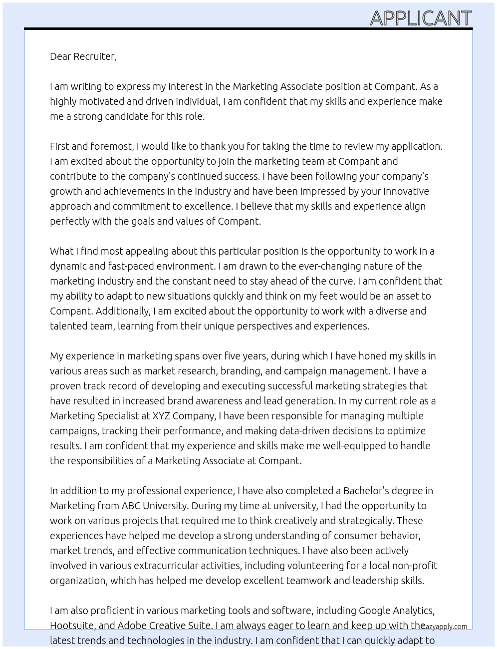marketing associate At Compant Cover Letter