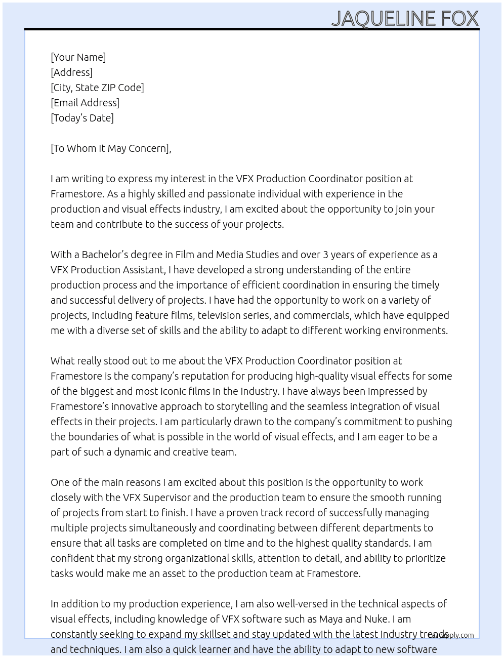 VFX Production Coordinator At Framestore Cover Letter