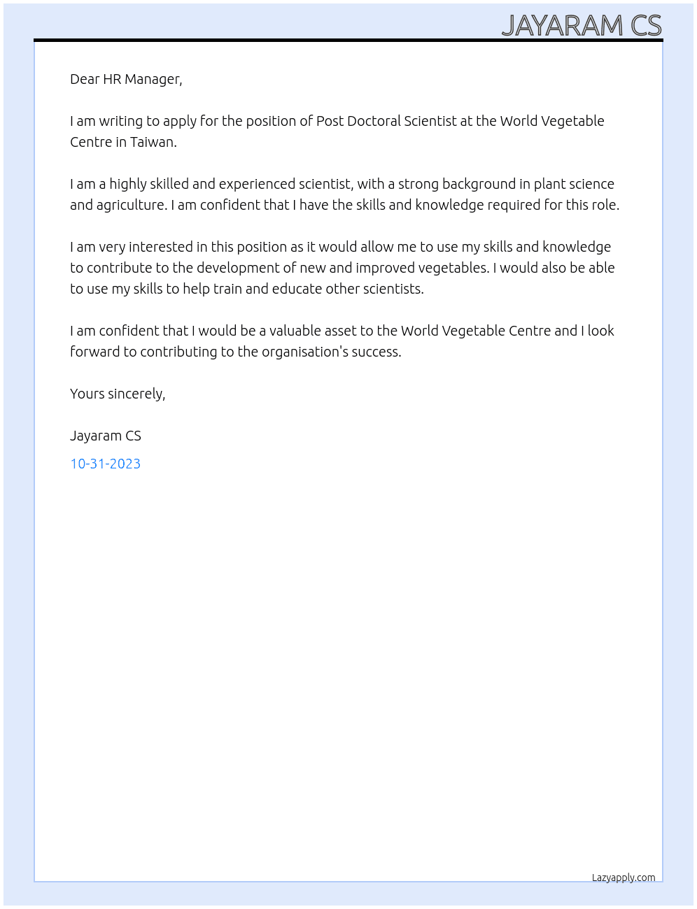 Post Doctoral Scientist At World Vegetable Centre, Taiwan Cover Letter