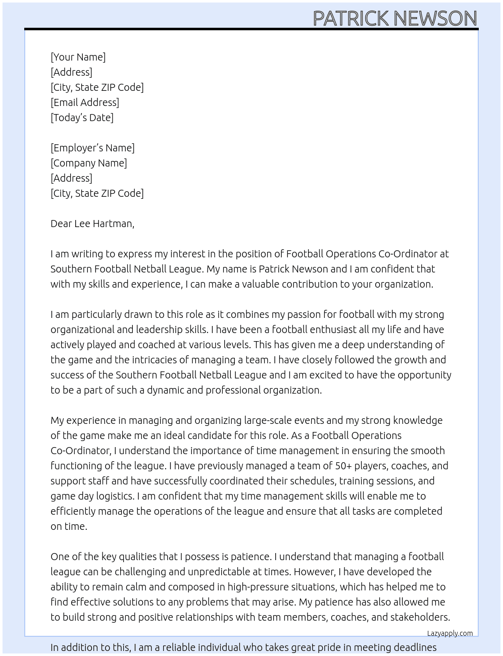 Cover letter for football operations coordinator - LazyApply