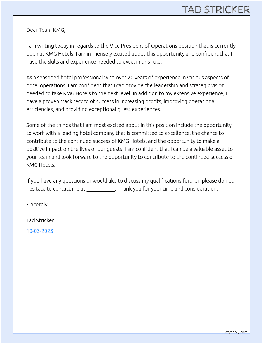 Vice President of Operations At KMG Hotels Cover Letter