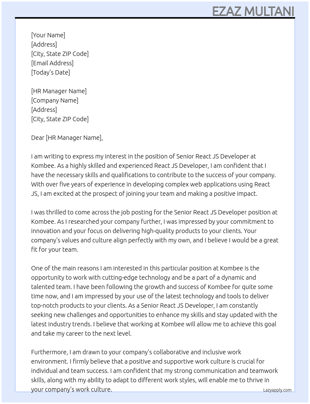 senior react js developer At kombee Cover Letter