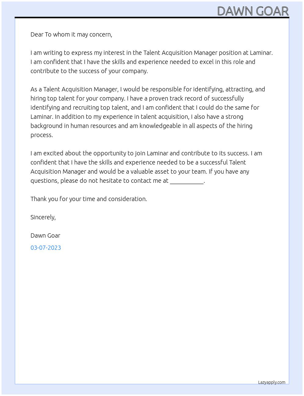 Talent Acquisition Manager At Laminar Cover Letter