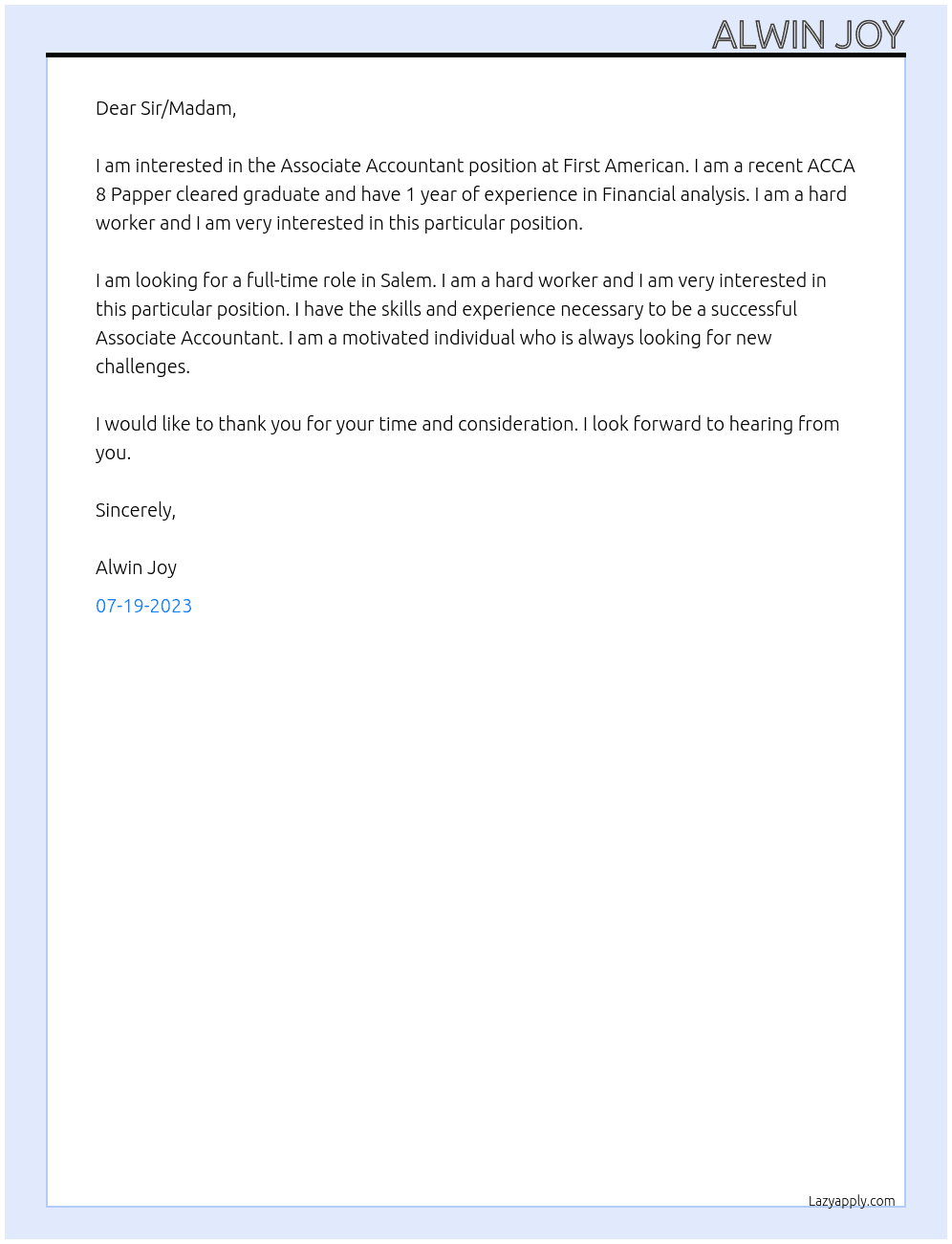 Associate Accountant At First American Cover Letter