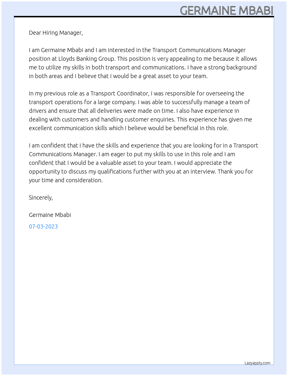 Transport Communications Manager At Lloyds Banking Group Cover Letter