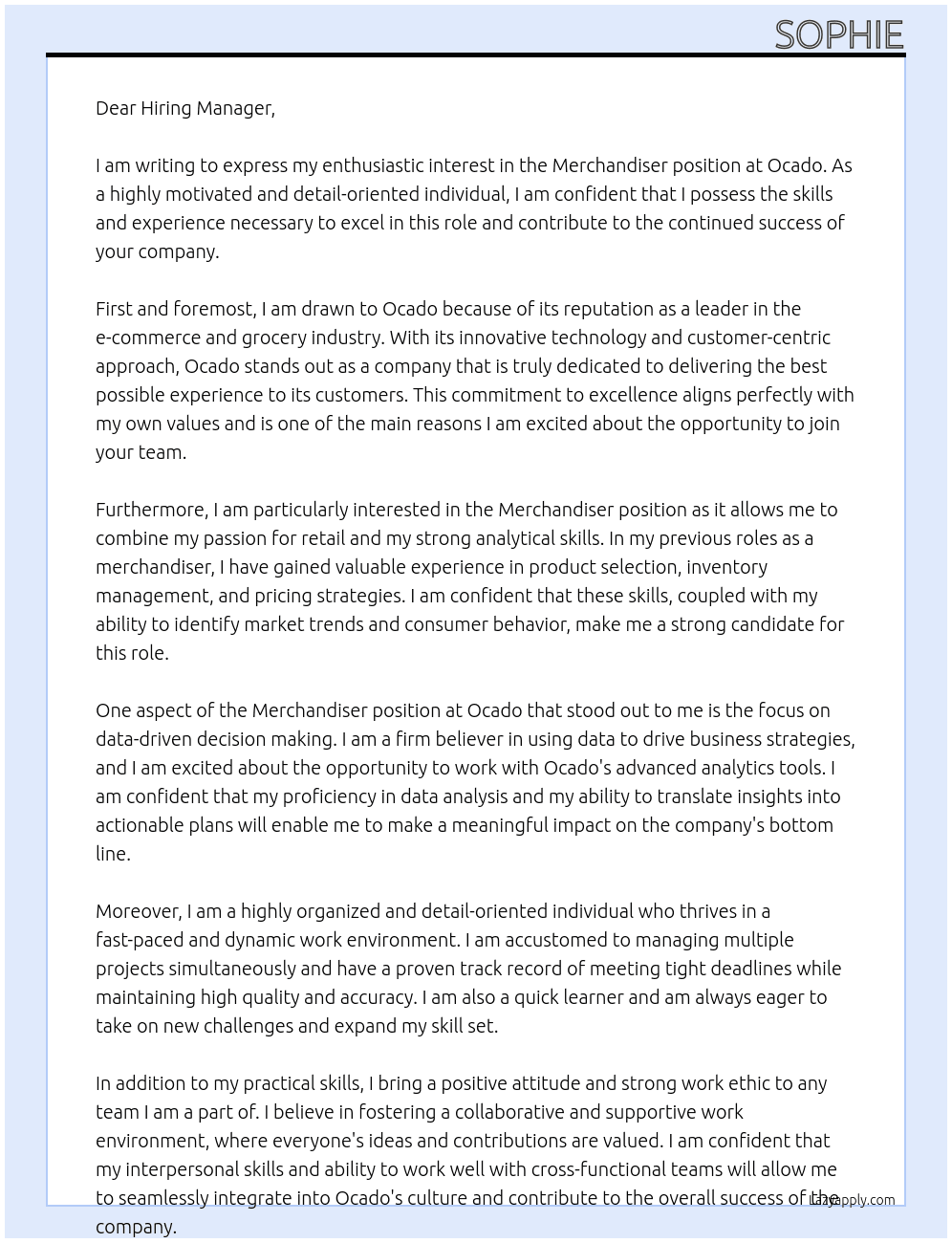 Merchandiser At Ocado Cover Letter