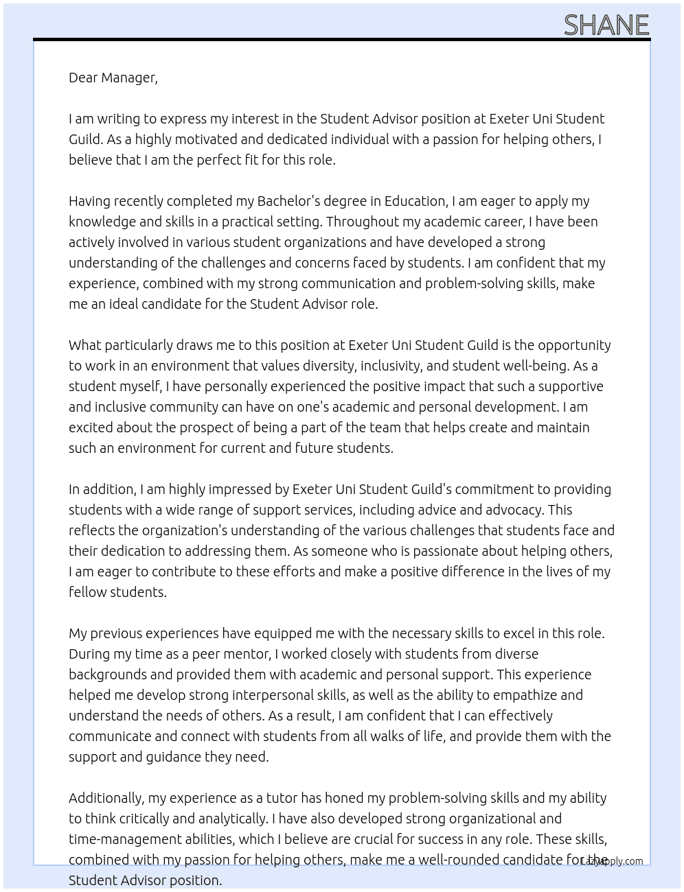 Student advisor At Exeter uni student guild Cover Letter