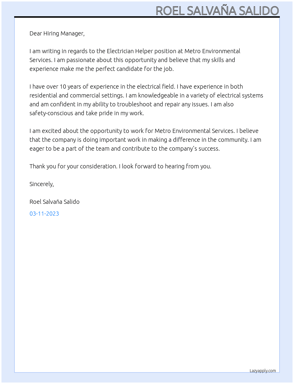 Electrician Helper At Metro Environmental Services Cover Letter