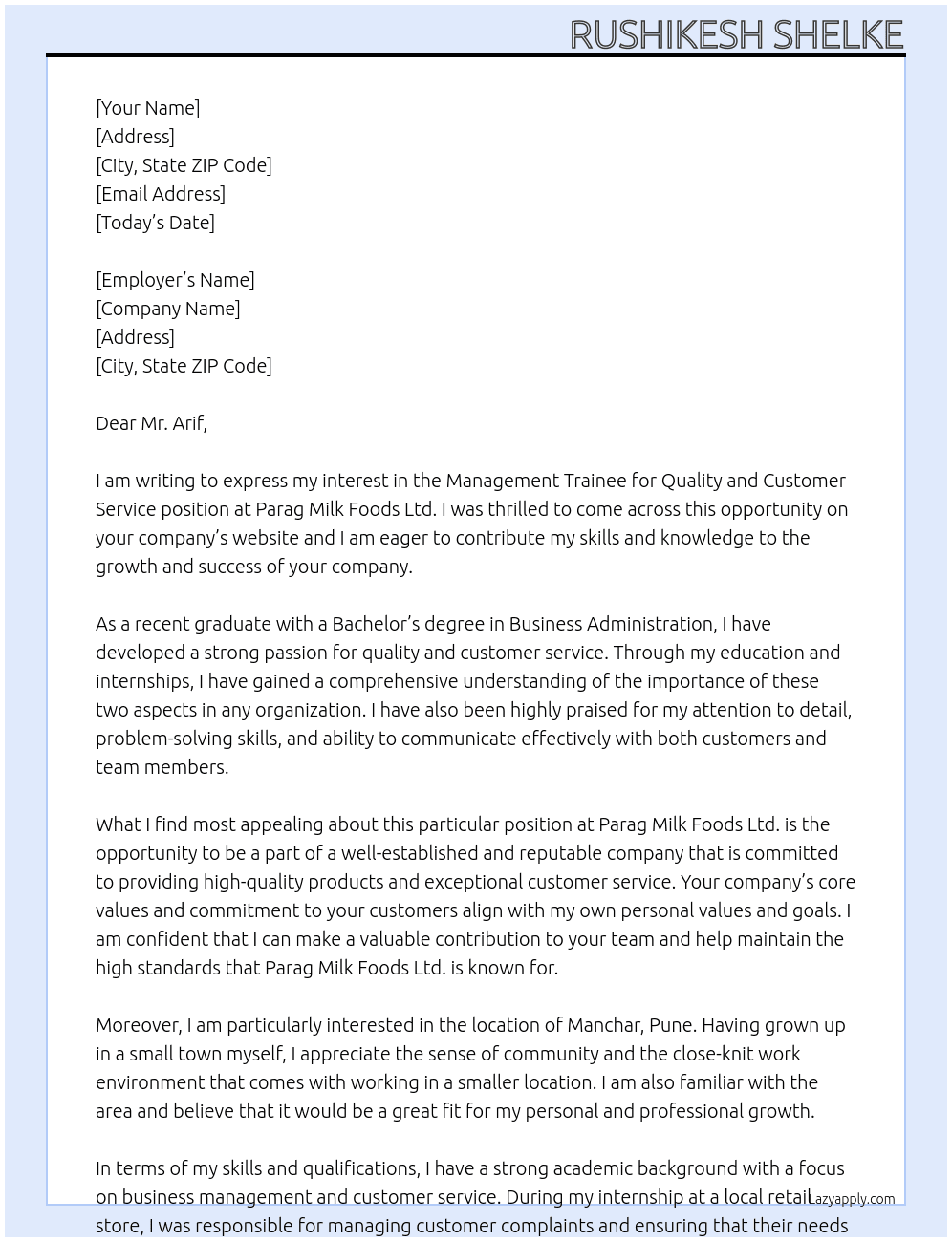 Management Trainee for Quality and Customer Service At Parag Milk Foods Ltd.  Cover Letter