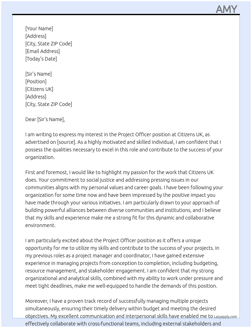 Project Officer  At Citizens UK Cover Letter