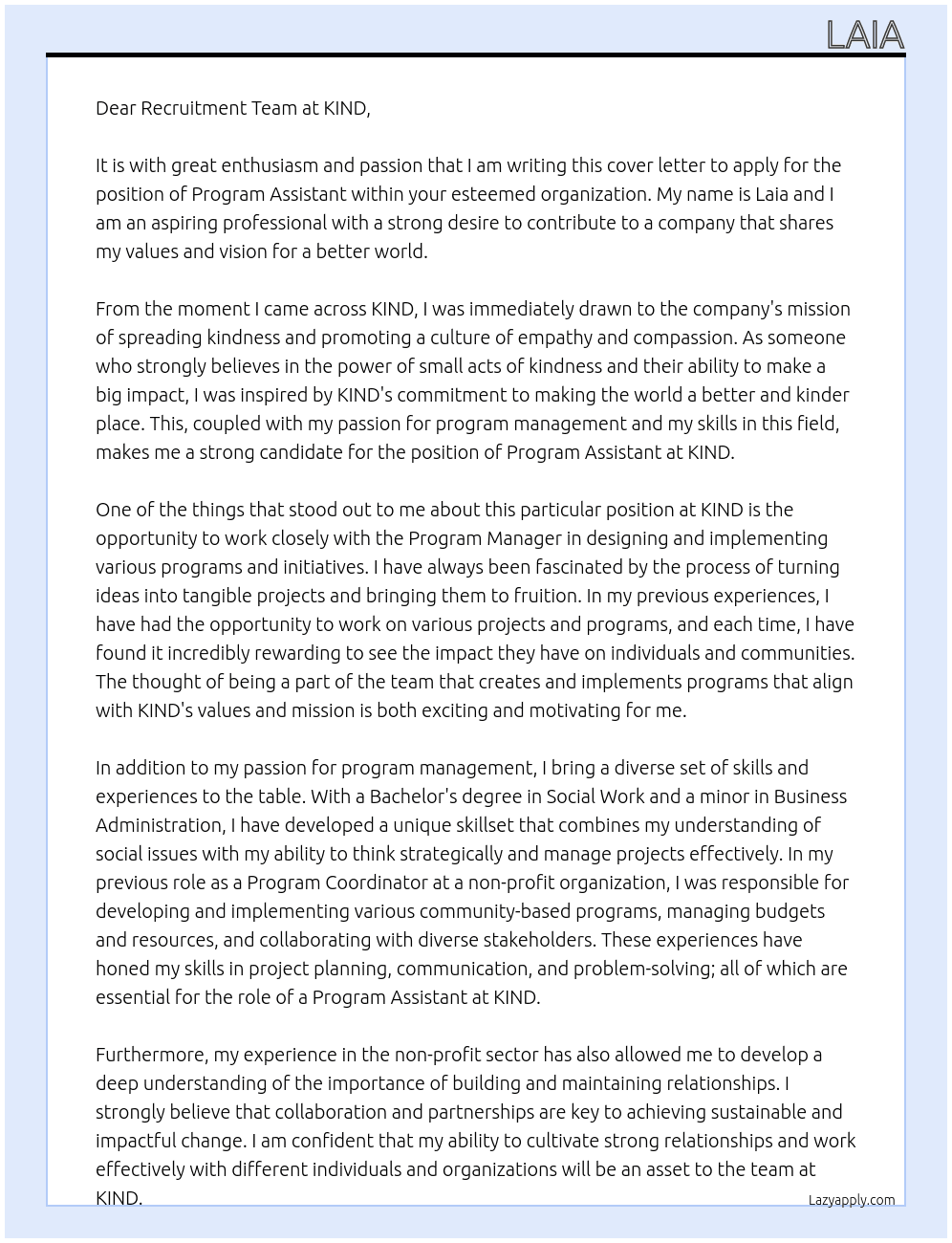 Program Assistant  At KIND Cover Letter