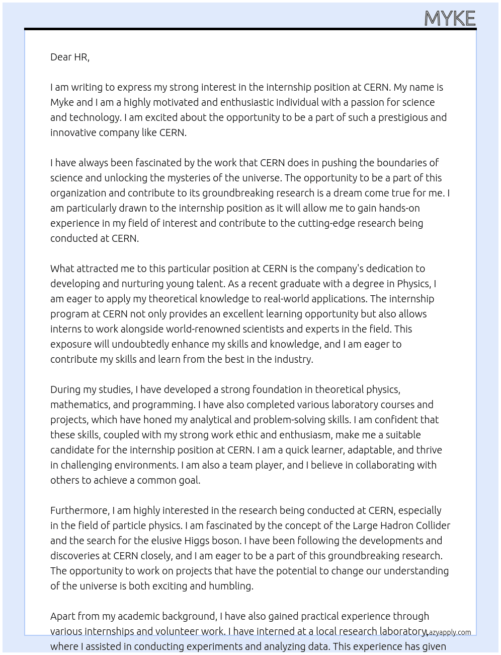 internship At cern Cover Letter