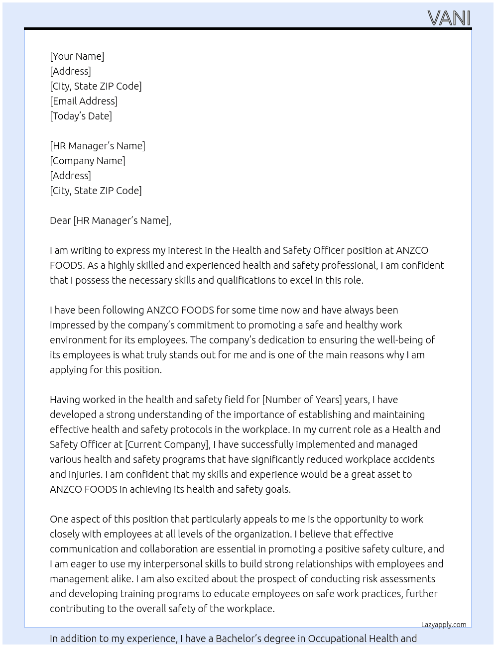 Health and safety Officer At ANZCO FOODS Cover Letter