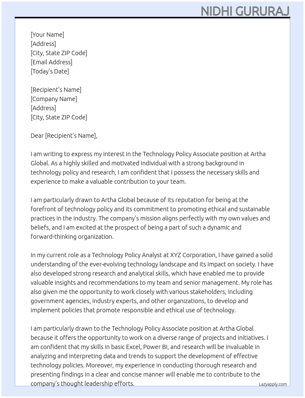 Technology Policy Associate At Artha Global Cover Letter