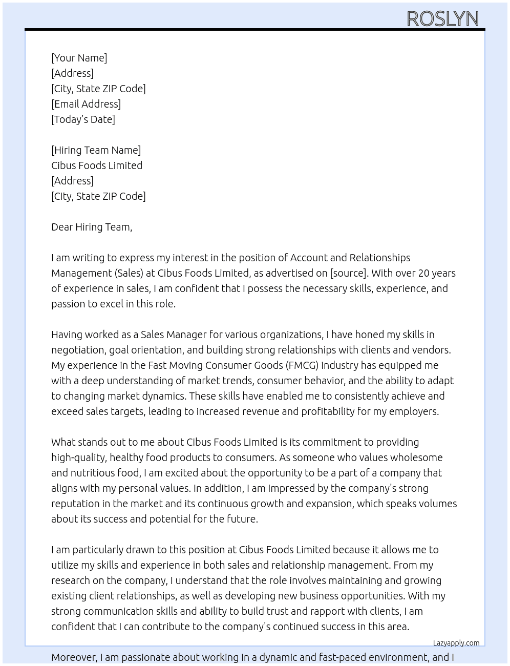 Account & relationships management (sales) At Cibus foods limited  Cover Letter