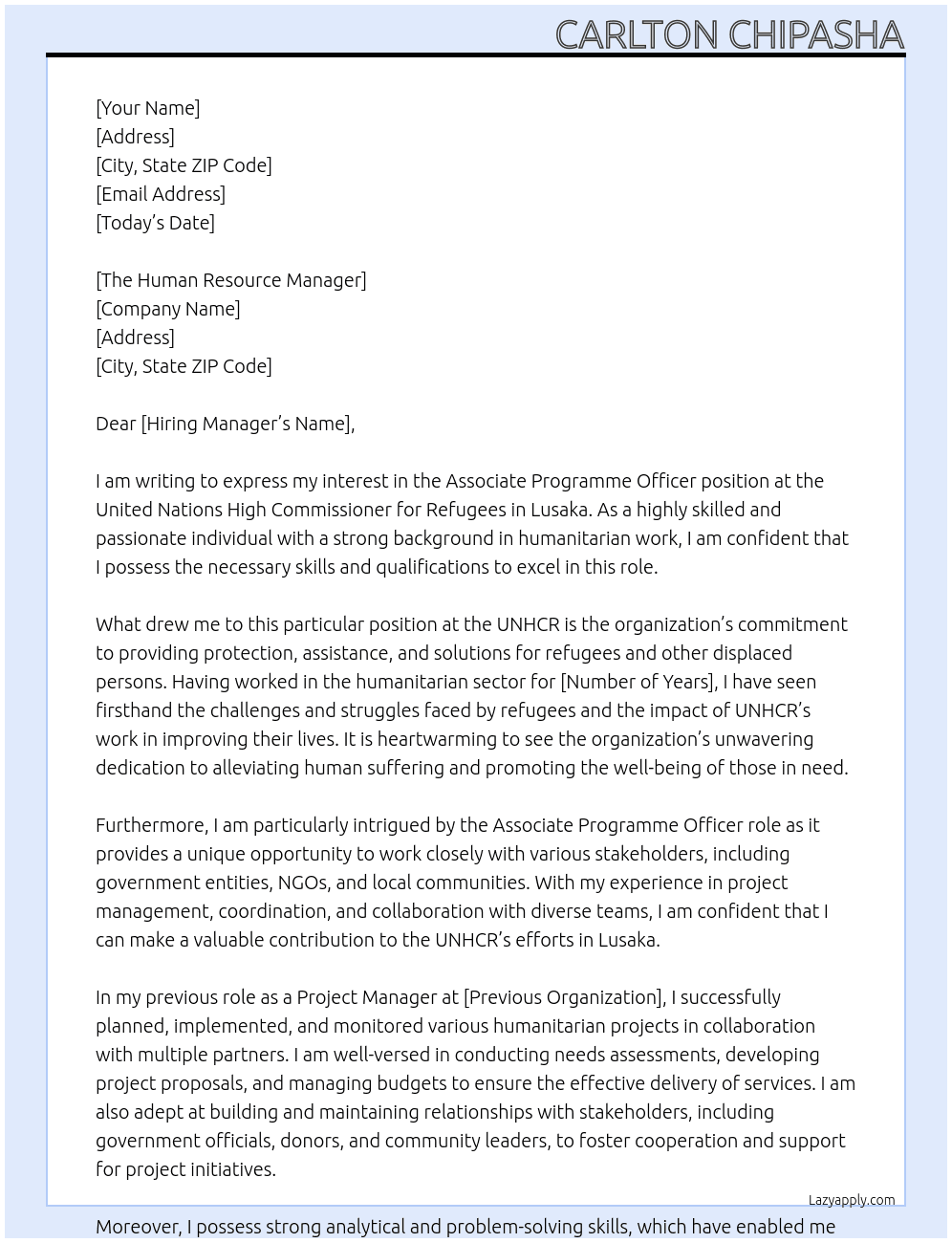 Associate Programme Officer At United Nations High Commissioner for Refugees Cover Letter