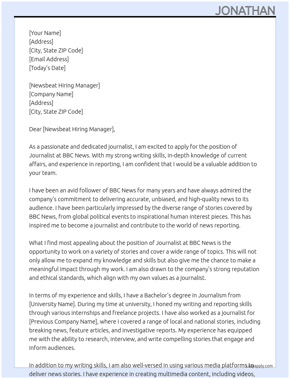 Journalist At BBC News Cover Letter