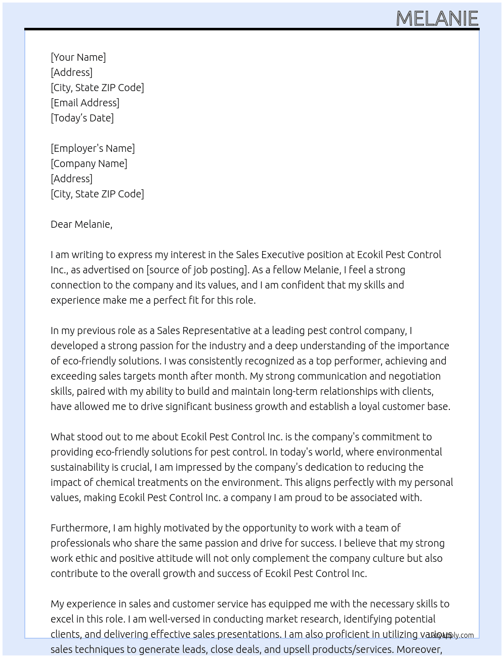 Sales Executive At Ecokil Pest Control Inc. Cover Letter