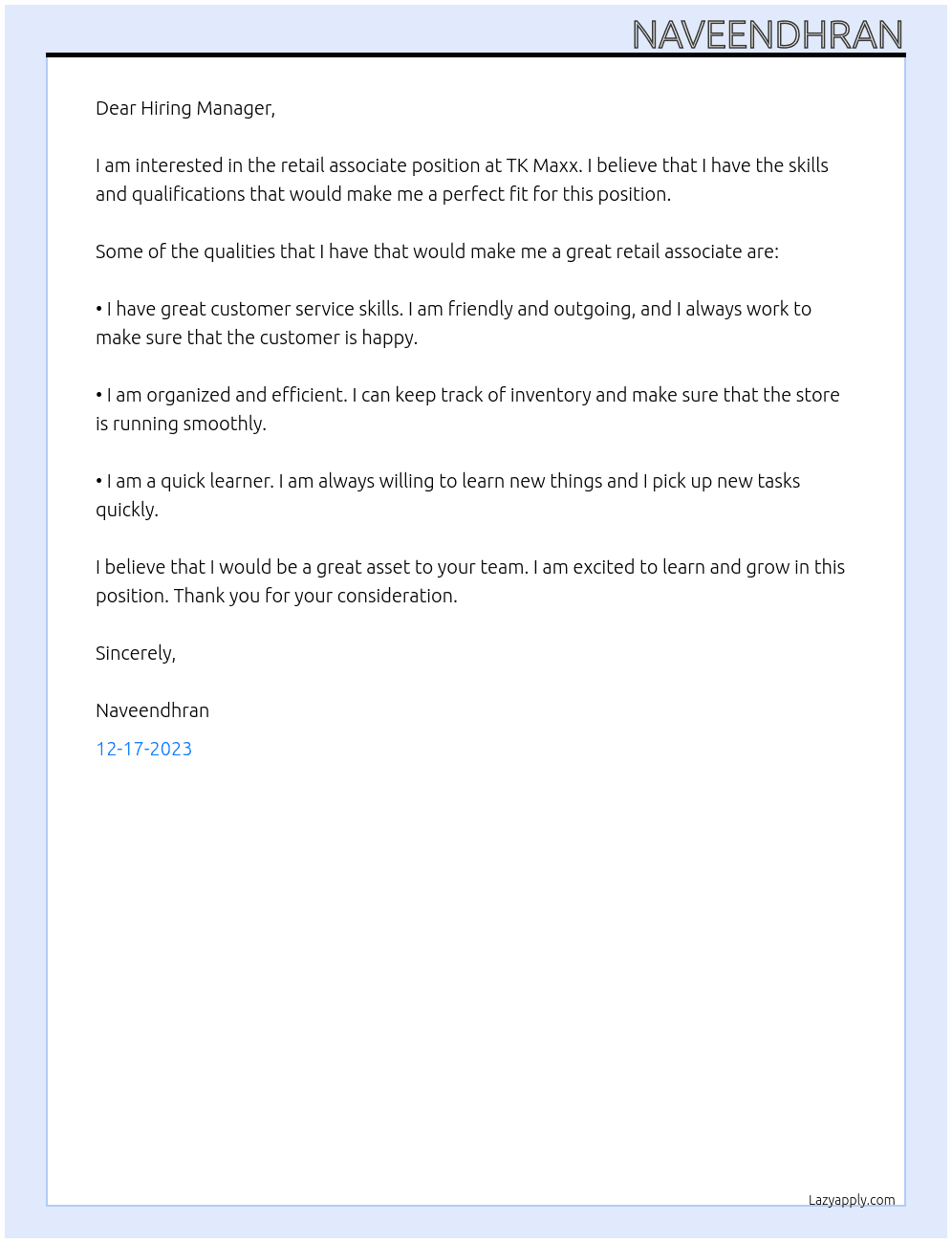 Retail associate At TK maxx Cover Letter