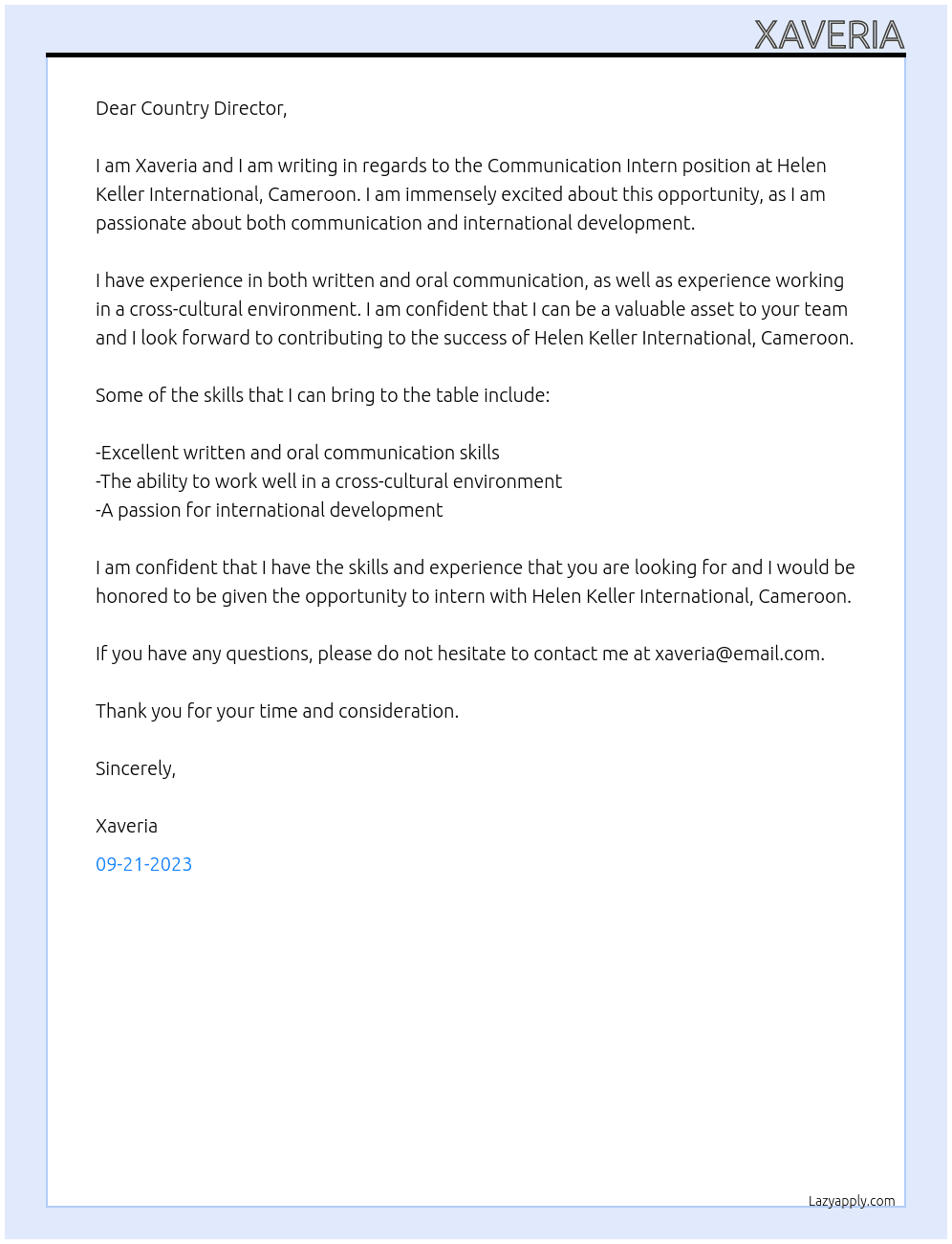 Communication Intern At Helen Keller International, Cameroon Cover Letter
