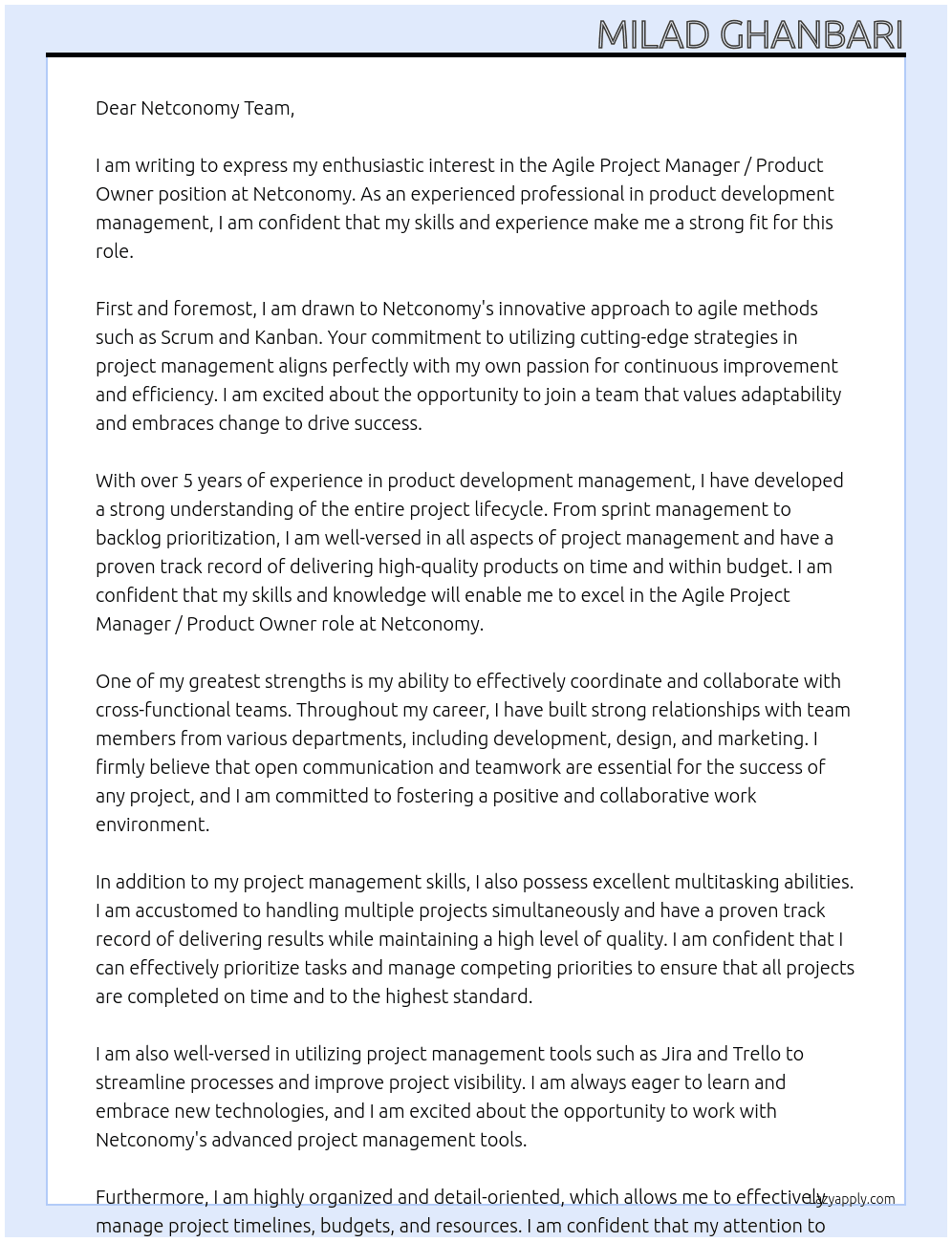 Agile Project Manager / Product Owner At Netconomy Cover Letter