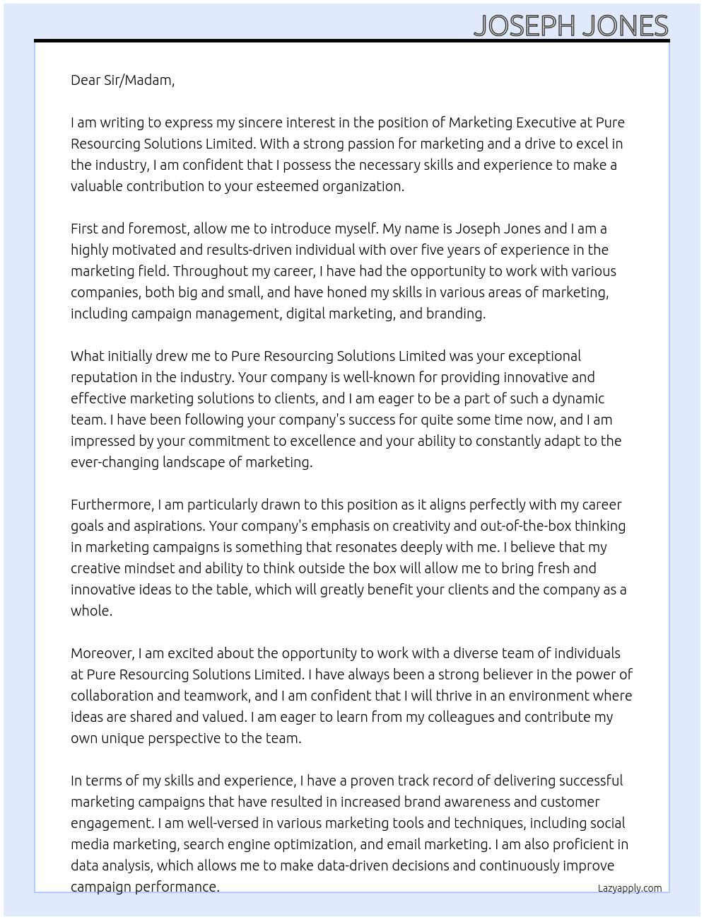 Marketing Executive At Pure Resourcing Solutions Limited Cover Letter