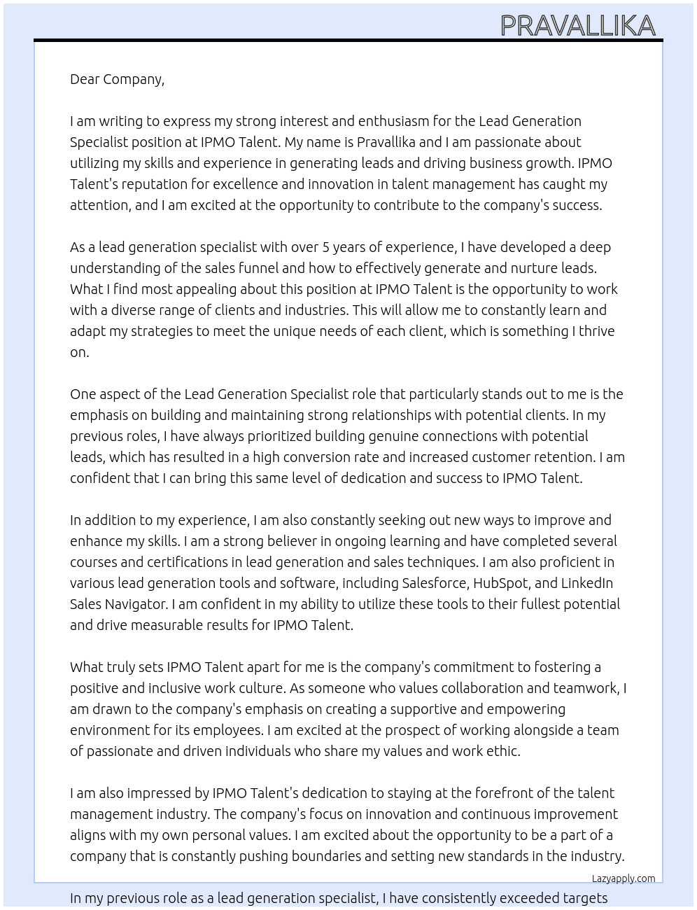 Lead Generation specialist  At IPMO Talent Cover Letter