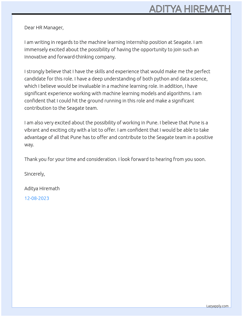 Machine Learning Intern At Seagate Cover Letter