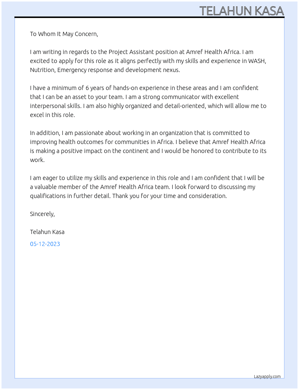 Project assistant At Amref Health Africa Cover Letter