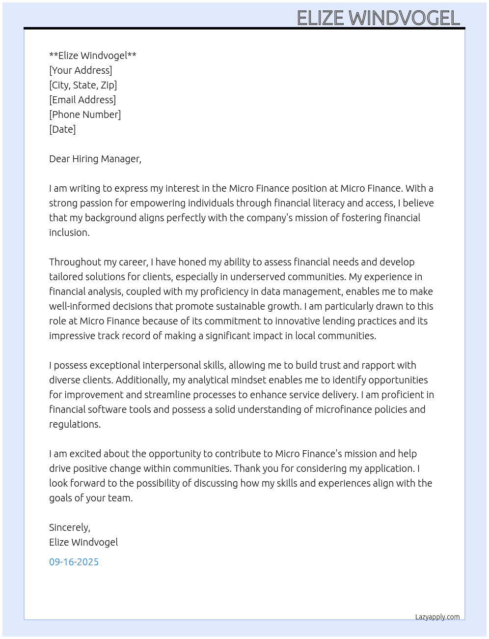 Cover letter for micro finance - LazyApply