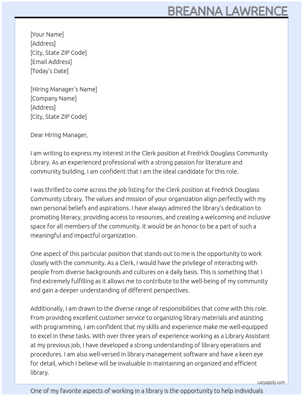 Clerk At Fredrick Douglass Community Library  Cover Letter