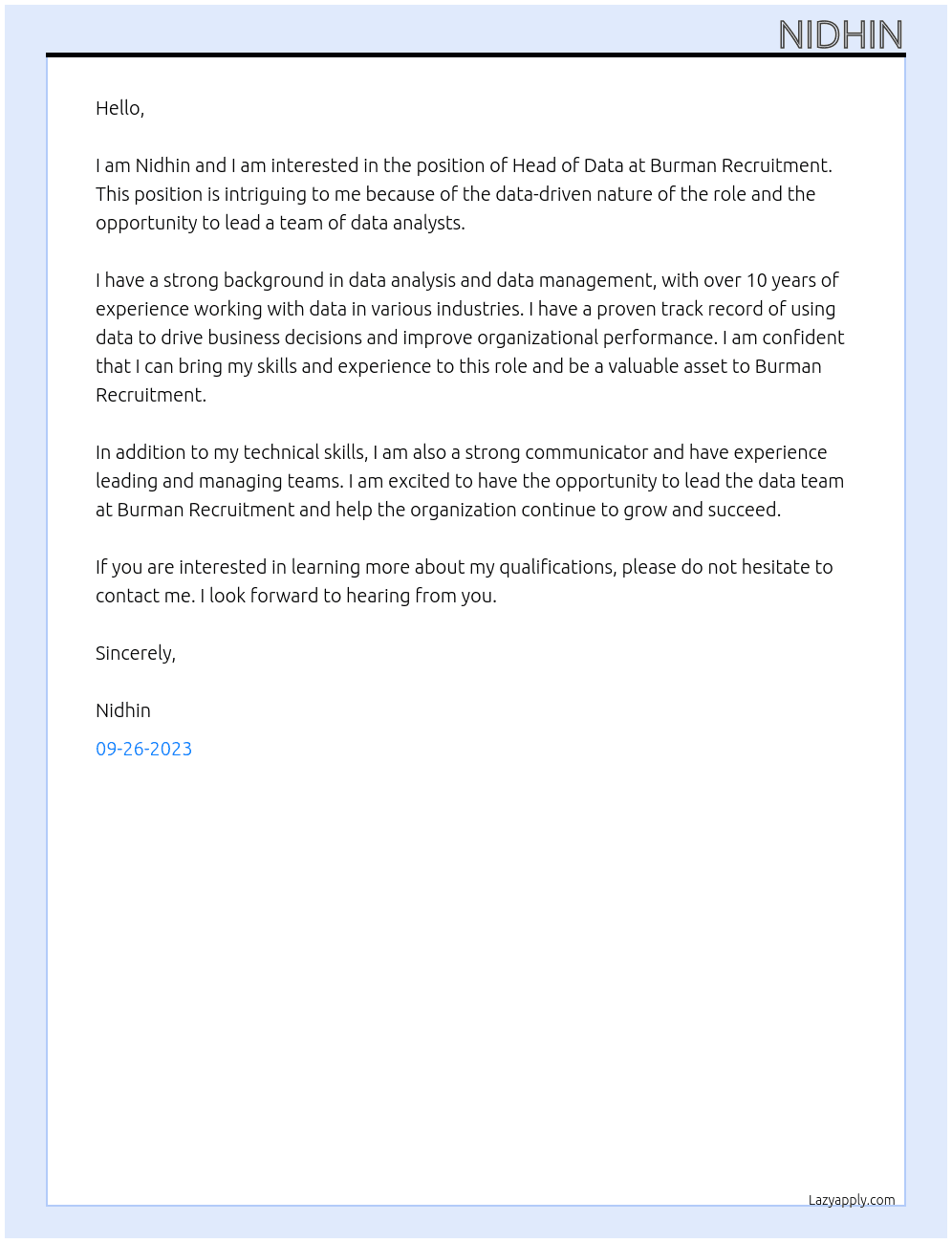 Head of Data At Burman Recruitment Cover Letter