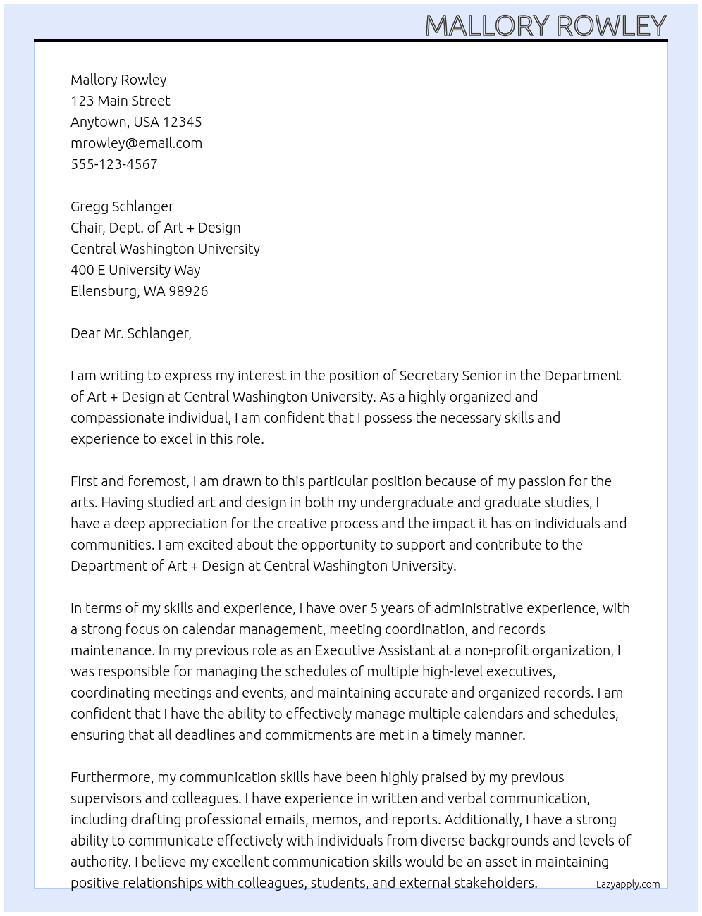 Secretary Senior - Art + Design At Central Washington University Cover Letter