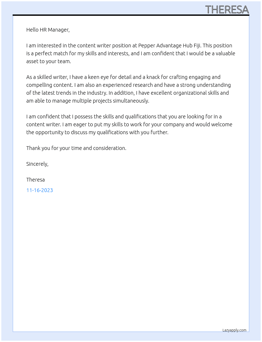 Content Writer At Pepper Advantage Hub Fiji Cover Letter