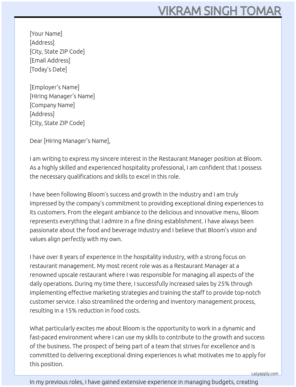 restaurant manager At bloom Cover Letter