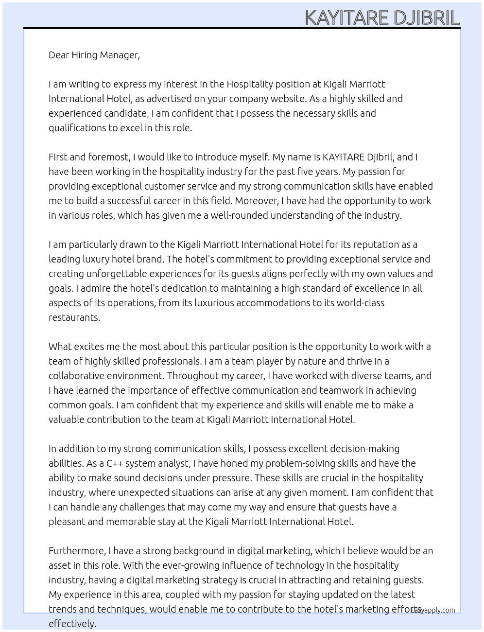 Hospitality At Kigali Marriott international hotel Cover Letter