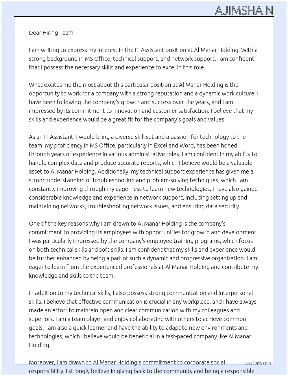 IT Assistant At Al Manar Holding  Cover Letter