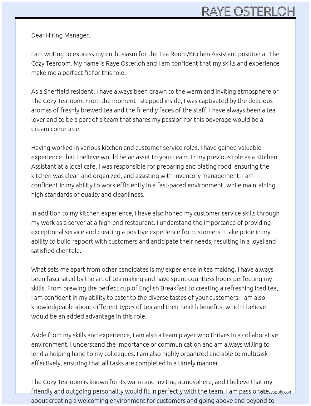 Tea Room/ Kitchen Assistant  At The cozy tearoom Cover Letter